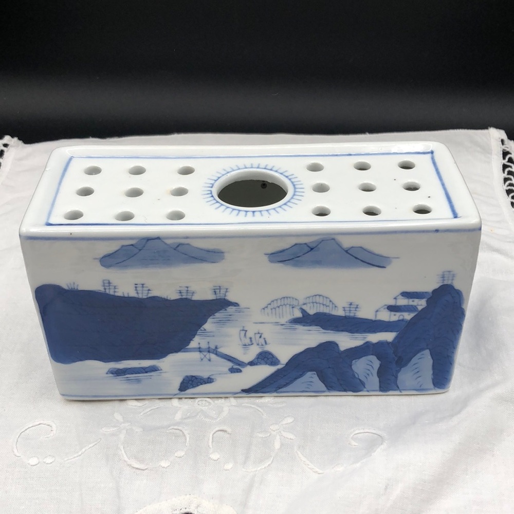 Vintage Porcelain Flower Frog Brick Blue & White Mountain Seascape Scenes Asian